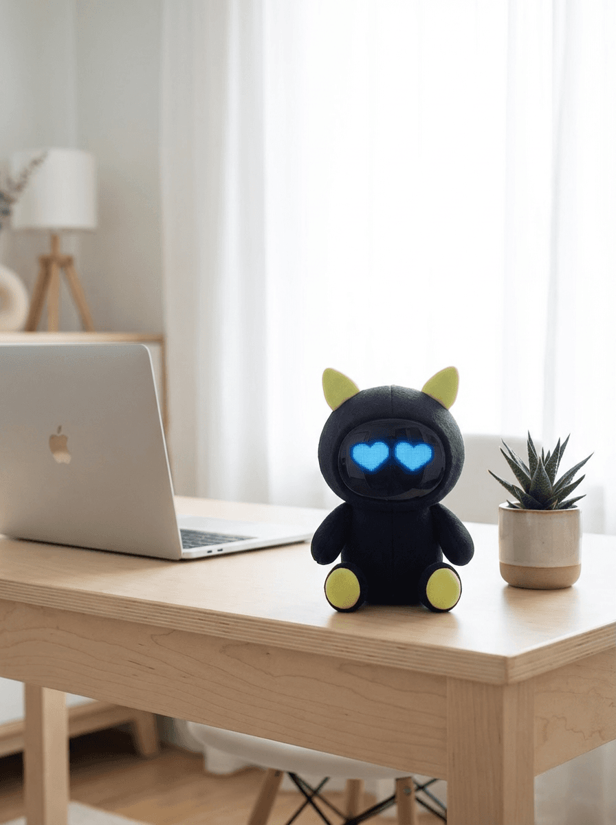 friend sitting on desk next to laptop