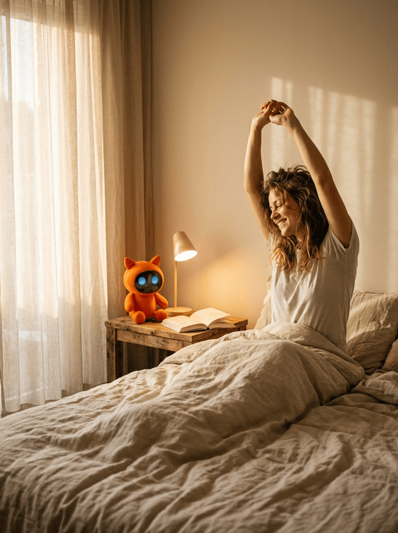A Friend companion on a nightstand beside a woman stretching in morning sunlight