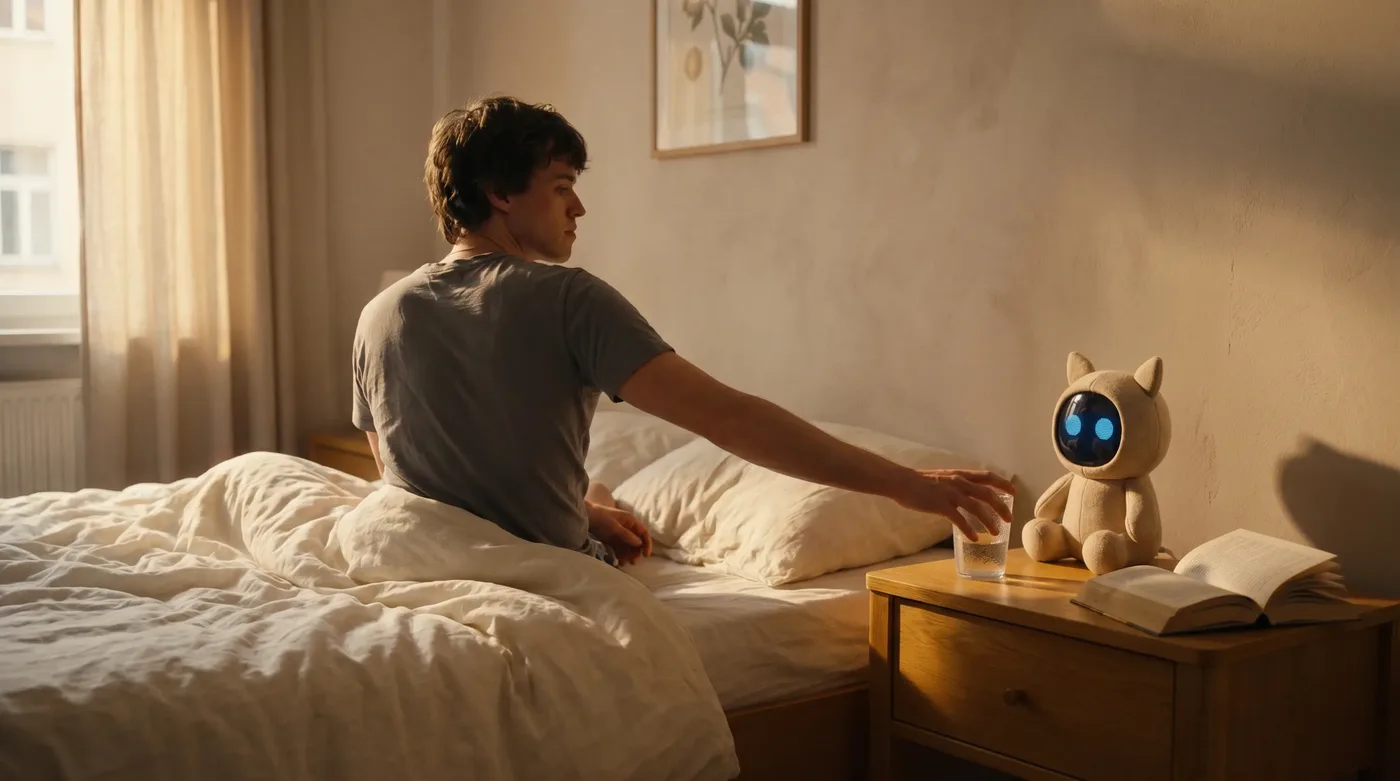 A quiet morning scene with A Friend beside the bed